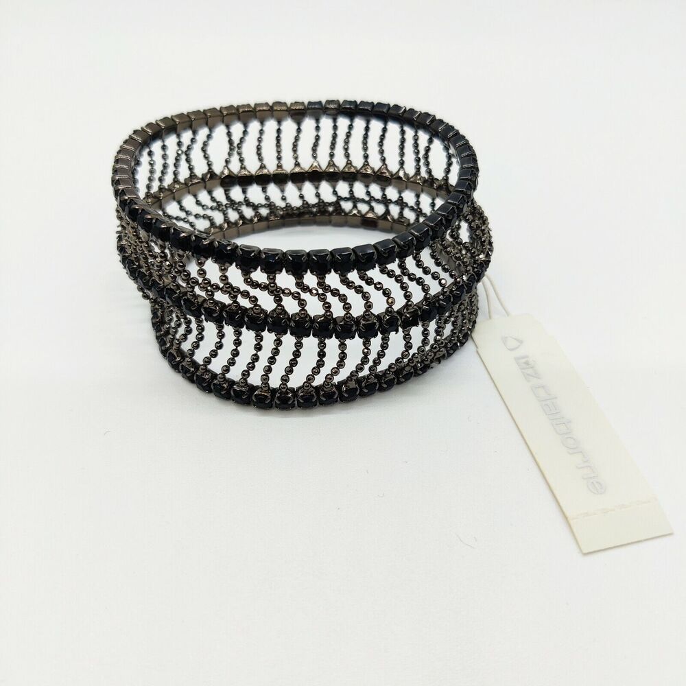 Liz Claiborne Women's Stretchy Black Beaded Bracelet with Black Rhinestones New